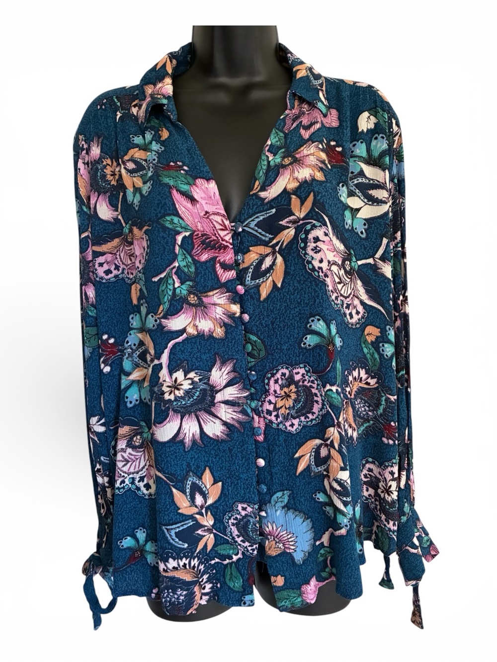 Boho 70s Style Fairycore Floral Button-Front Women's Top in Teal and Pink Sz XL